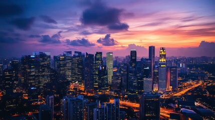 Fototapeta premium A vibrant city skyline at sunset, showcasing modern architecture and urban life.