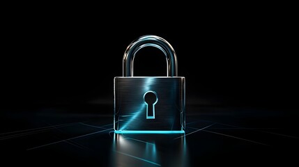 Fototapeta premium Minimalist Silver Padlock Icon with Glowing Blue Outline Against Sleek Black Background