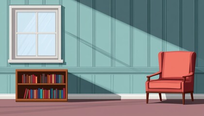 A cozy interior featuring a comfortable orange armchair and a bookshelf filled with books, illuminated by soft sunlight streaming through a window.