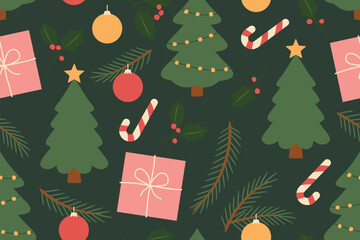 christmas seamless pattern with christmas tree, candy cane, bauble, gift box, holly berries and fir twigs; great for wrapping, greeting cards, social media graphics- vector illustration