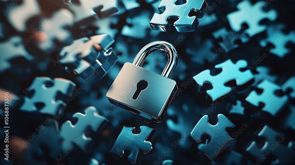 Poster floating padlock icon surrounded by puzzle pieces symbolizing problem solving and security