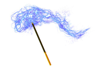 Realistic magic wand and and enchanted blue lights. Multicolored glowing plume of smoke, black abstract tansparent effect. Cartoon sorcery stick isolated. Celebration symbol. Png