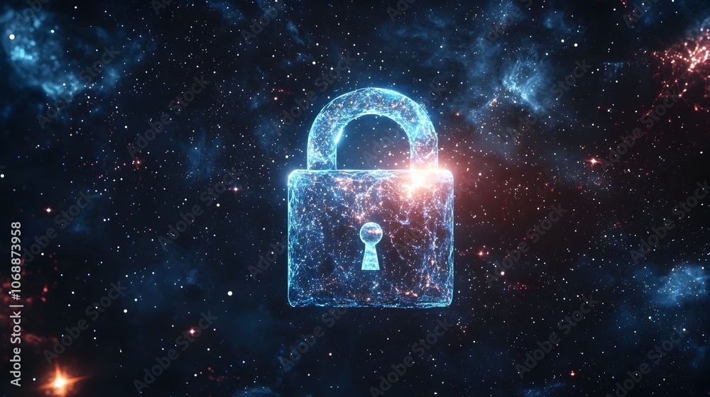 Wall mural digital padlock icon floating in cosmic constellations representing universal security