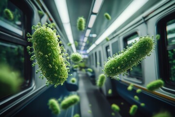 Green bacteria floating inside an empty subway train during the day in an urban environment