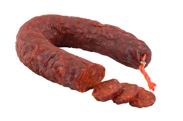 Salami sticks, sliced, curved cut out isolated transparent background