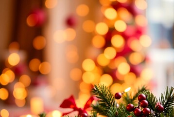 Obraz premium Festive Christmas background with Christmas tree , decorations and light