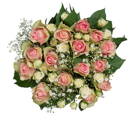 Bouquet of roses, top view cut out isolated transparent background