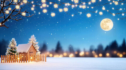 Obraz premium winter night sky filled with stars and full moon illuminates snowy landscape with cozy cabin and twinkling lights, creating serene and magical atmosphere
