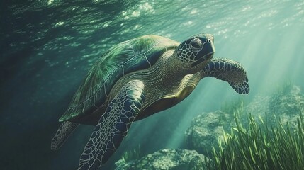 Obraz premium green turtle in clear sea