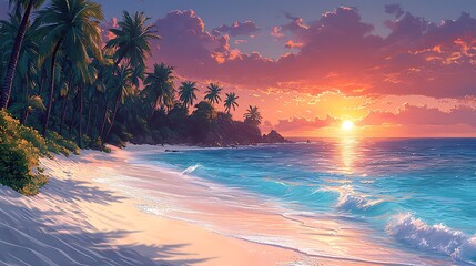 A beautiful sunset over a tropical beach with palm trees and white sand.