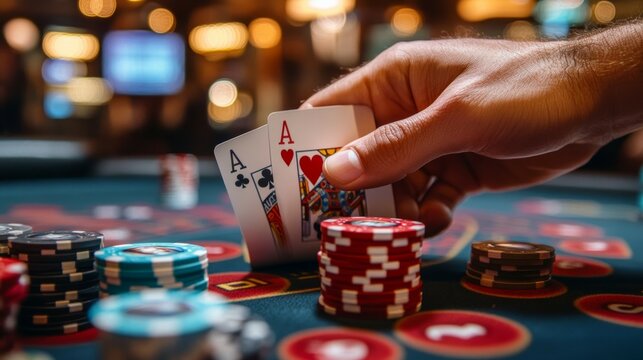 A pair of aces and chips. Blackjack winning hand.