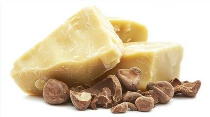 Natural cocoa butter and cacao nibs displayed together showcasing their rich textures and colors for use in skincare and culinary applications