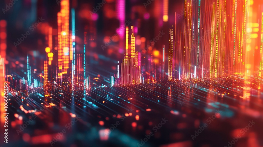 Poster abstract digital landscape with glowing lines and vibrant colors, suggesting technology and data.