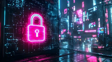 Neon Padlock Icon Flickering on Futuristic Digital Billboard in High Tech Metropolis