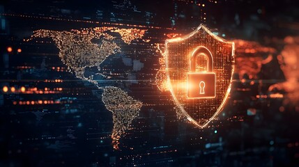 Padlock Shield Icon Floating Over Glowing Digital World Map Representing Global Internet Security