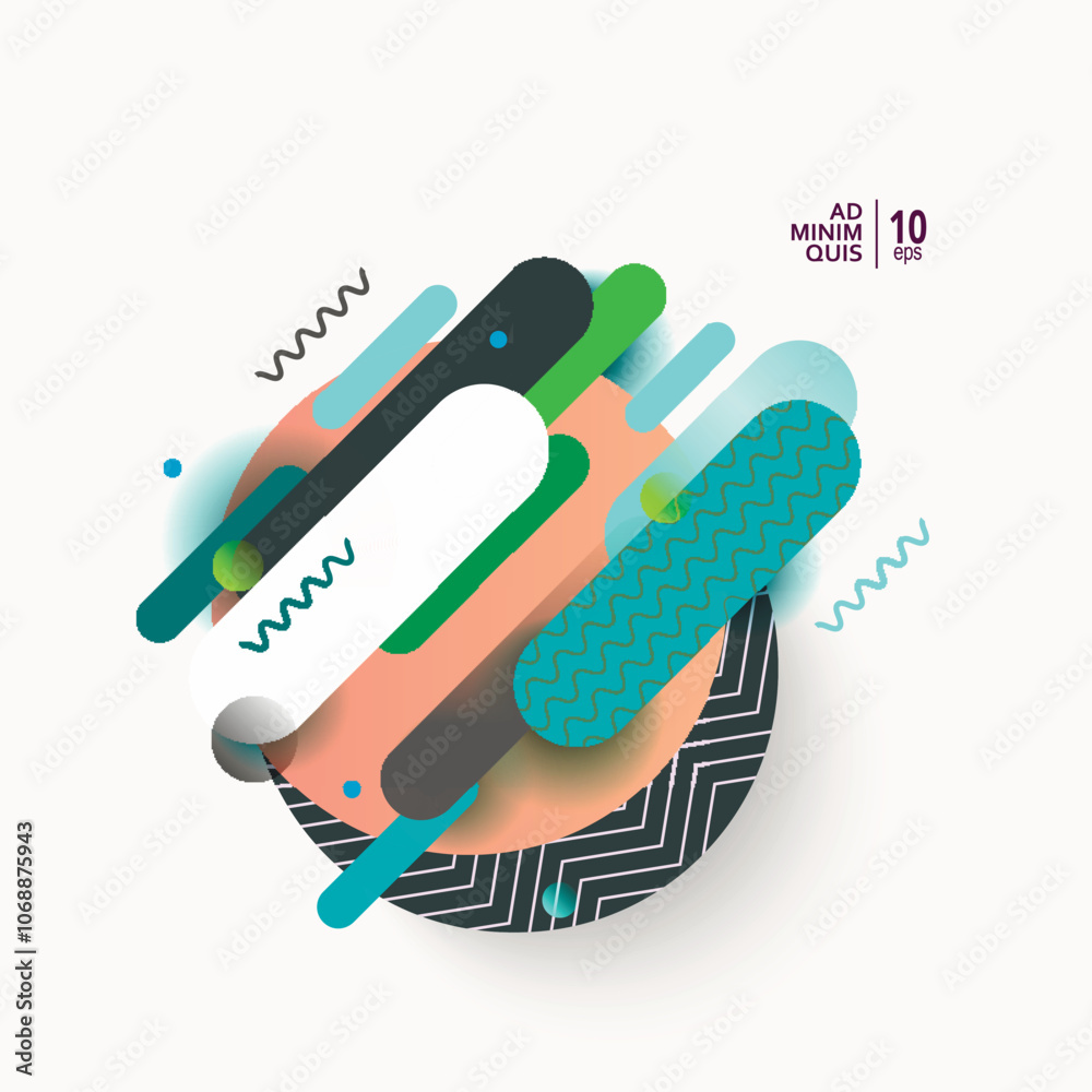 Poster Vector illustration of dynamic composition made of various colored rounded shapes lines in diagonal rhythm. Minimalistic motion design