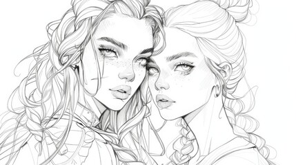 Elegant Line Art of Two Young Women Portraits