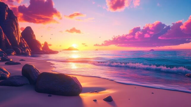 Beach at sunset glowing with vibrant hues perfect for relaxation and nature appreciation