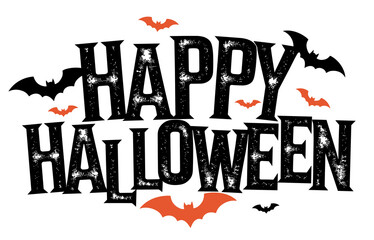Happy Halloween Text With Bats Silhouette PNG Transparent Background