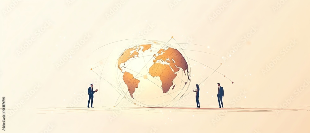 Poster Flat design featuring business professionals across the world, linked by a globe, with minimal lines and a beige background, representing online communication and global networking