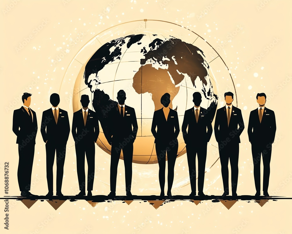 Poster Flat design of business professionals in various locations around the world, linked by a globe with clean lines on a beige background, representing online communication