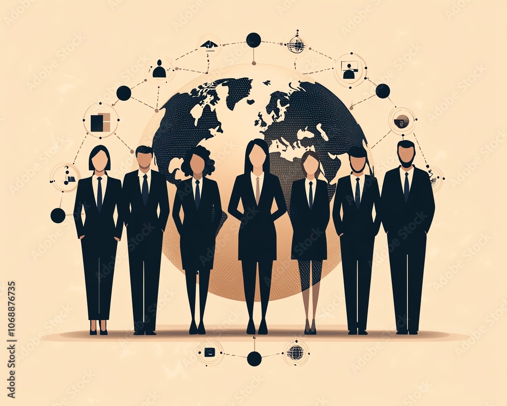 Poster flat design of business professionals in formal attire with circular connections surrounding the glo