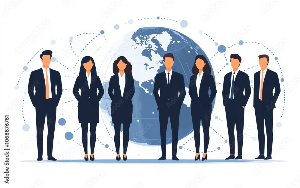 Poster Flat design of business professionals in formal attire with circular connections surrounding the globe, representing a seamless global network and remote work collaboration