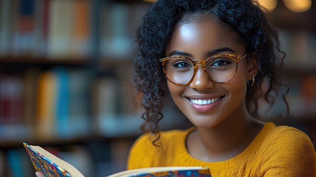 Young student reading a colorful book with excitement, National Read Across America Day in a bright library