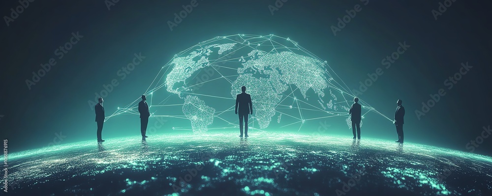 Poster flat design of business professionals standing on the planet earth, connected by circular network li