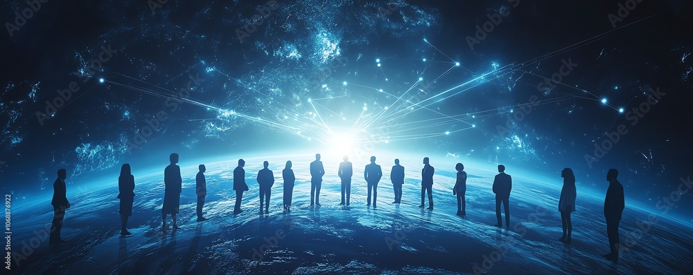 Poster flat design of business professionals standing on the planet earth, connected by circular network li