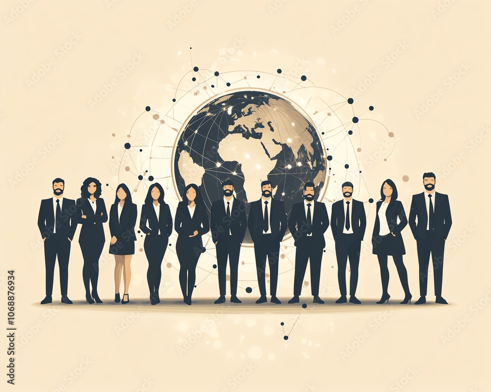 Aufkleber Flat design of business professionals in formal attire with circular connections surrounding the globe, representing a seamless global network and remote work collaboration