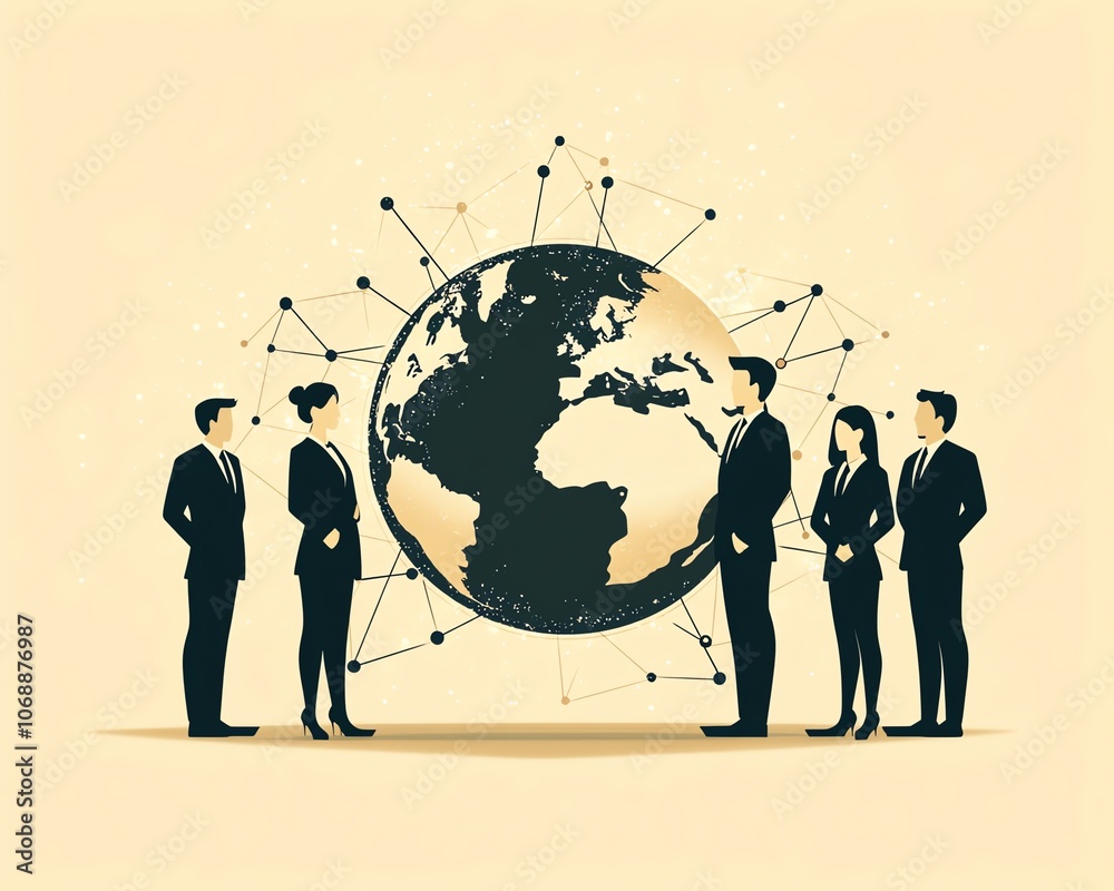 Aufkleber flat design of business professionals in formal attire with circular connections surrounding the glo