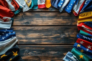 A colorful display of international flags arranged symmetrically on a wooden table
