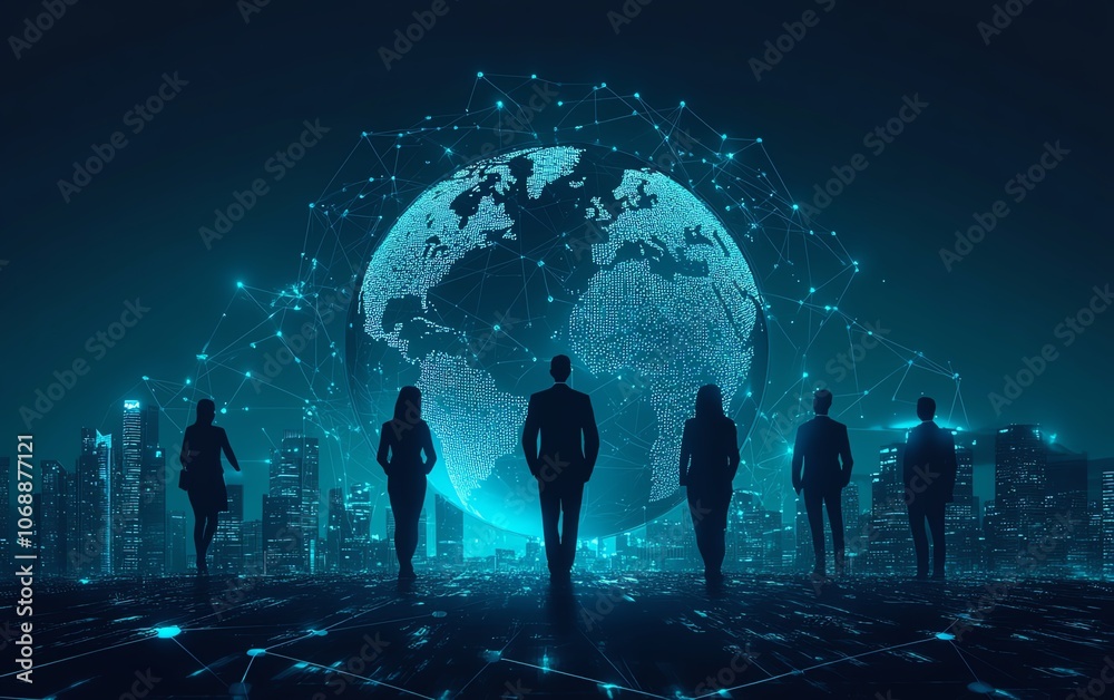 Aufkleber flat design of business professionals in formal attire with circular connections surrounding the glo