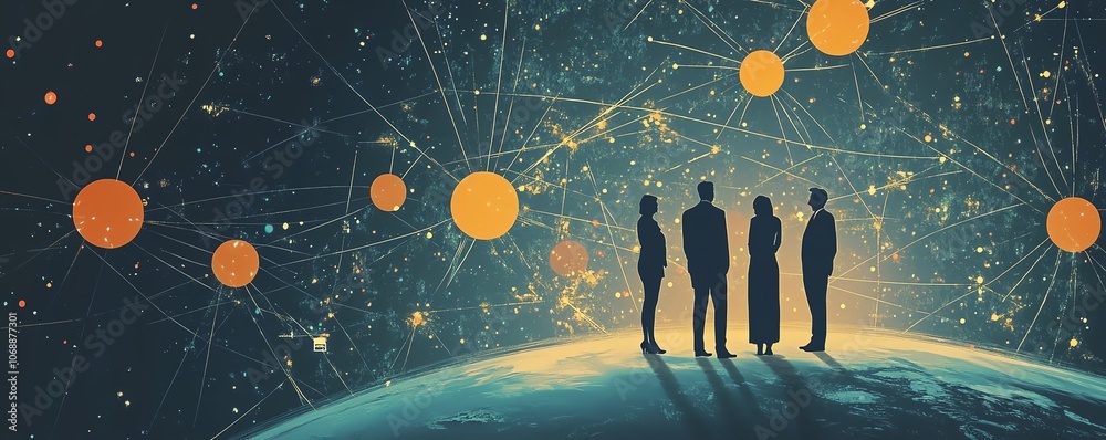 Poster flat design of business professionals standing on the planet earth, connected by circular network li