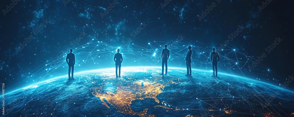 Poster flat design of business professionals standing on the planet earth, connected by circular network li