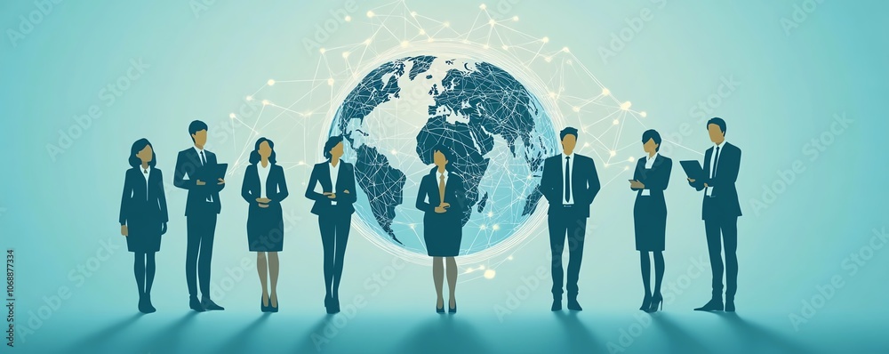 Poster Flat design of business people in formal attire connected by circular network lines around the globe, symbolizing the growth of remote work and global collaboration