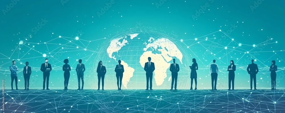 Poster Flat design of business people in formal attire connected by circular network lines around the globe, symbolizing the growth of remote work and global collaboration