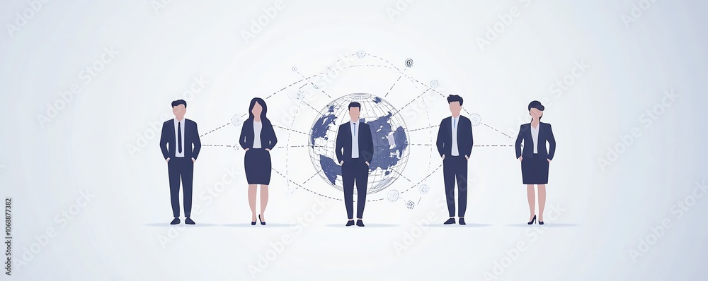 Poster flat design of business people in formal attire connected by circular network lines around the globe