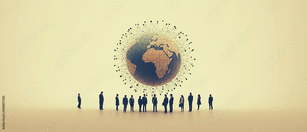 Poster flat design of business people in professional attire encircling the globe with circular connections
