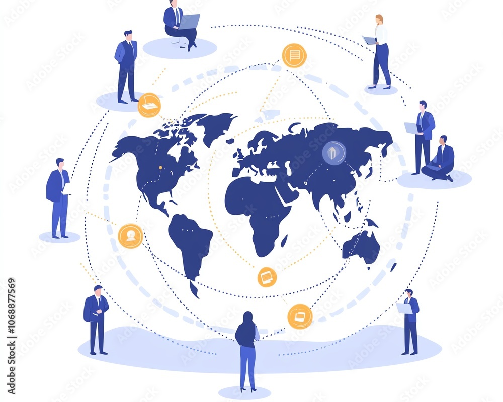 Poster flat design of professionals in business suits linked by circular connections around the world, illu