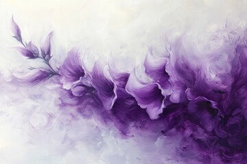 Fototapeta premium A foxglove in fluid purples and soft whites, petals blending in an abstract vertical flow on a misty background