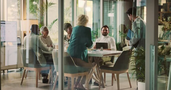 Business people, shaking hands and welcome with ceo in meeting, partnership agreement or greeting. Happy team, handshake and collaboration for contract, financial investment and corporate cooperation