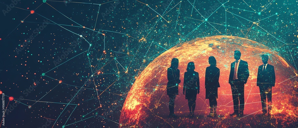 Poster Flat illustration of professionals in business attire standing on Earth, linked by lines and circles, representing a global network of collaboration and teamwork