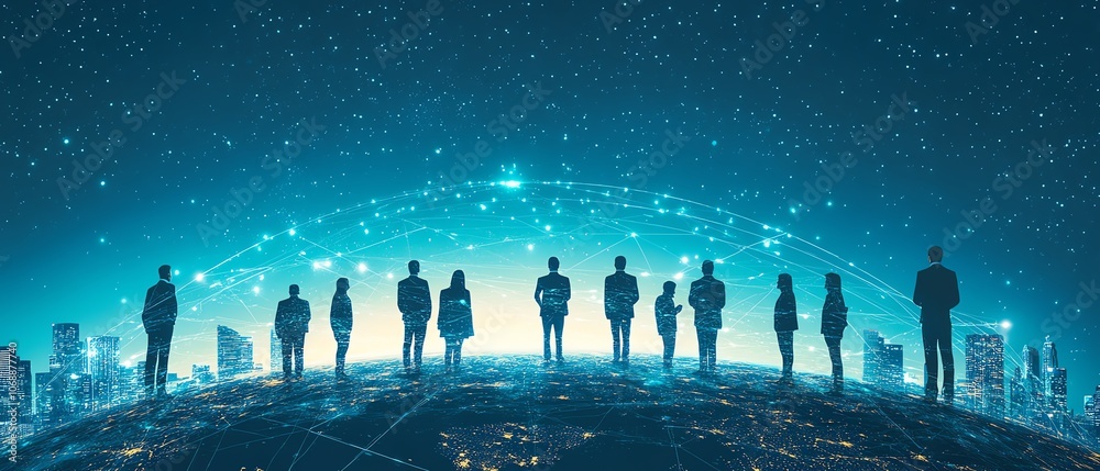 Poster flat illustration of professionals in business attire standing on earth, linked by lines and circles
