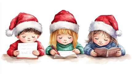 children writing letters to Santa, joyful holiday tradition, watercolor style, isolated on white background