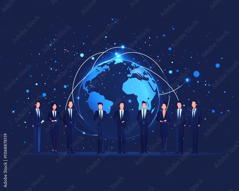 Poster flatstyle illustration of business professionals in business attire standing on earth, connected by 