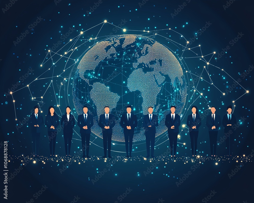 Poster flatstyle illustration of business professionals in business attire standing on earth, connected by 