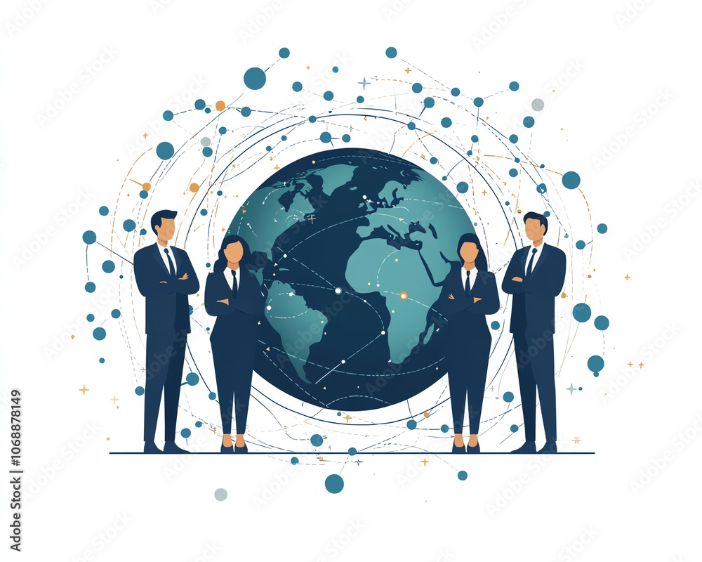 Poster flatstyle illustration of business professionals in business attire standing on earth, connected by 