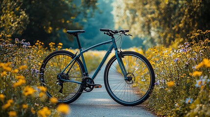 Fototapeta premium A blue bicycle parked on a path surrounded by yellow flowers with a blurred green forest background.